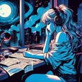 Lofi Girl is at her desk studying. Image is generated using AI.