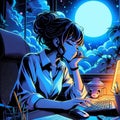 Lofi Girl is at her desk studying. Image is generated using AI.