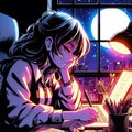 Lofi Girl is at her desk studying. Image is generated using AI.