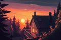 Lofi on roof, sunset, forest illustration