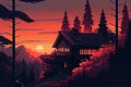 Lofi on roof, sunset, forest illustration