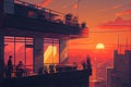 Lofi on roof, sunset llustration