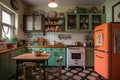 lofie kitchen, with vintage appliances and colorful accessories