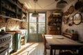 lofie kitchen with vintage appliances and a wooden table