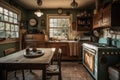 lofie kitchen with vintage appliances and a wooden table