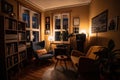lofie living room with cozy armchair, candlelight and vinyl record collection