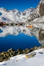 Lofoten Archipelago, Norway in the winter time, water reflexion in Hamnoy Royalty Free Stock Photo