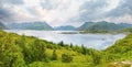 Lofoten fjord and mountains summer cloudy landscape, Norway. Panorama Royalty Free Stock Photo