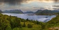 Lofoten fjord and mountains summer cloudy landscape, Norway. Panorama Royalty Free Stock Photo