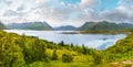 Lofoten fjord and mountains summer cloudy landscape, Norway. Panorama Royalty Free Stock Photo