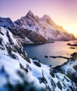 Lofoten island landscape, Norway. Mountain peak and ocean bay during sunrise. Natural landscape in the Norway.