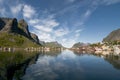 Lofoten Island Norway Fjord and village view from the boat