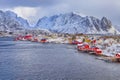 Lofoten Islands Archipelago Spring Scenery with Traditional Red and Yellow Fisherman Rorbu Cabins in The Village of Sakrisoy at