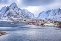 Lofoten Islands Archipelago Spring Scenery with Traditional Red and Yellow Fisherman Rorbu Cabins in The Village of Sakrisoy at
