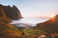 Lofoten islands Kvalvika beach in Norway sunset landscape nature aerial view