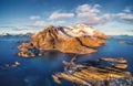 Lofoten islands, Norway. Aerial landscape with mountains, islands and ocean. Natural landscape from air.