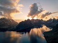 Lofoten islands, Norway Dramatic sunset clouds moving over steep mountain peaks Royalty Free Stock Photo