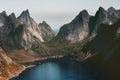 Lofoten islands in Norway landscape Reinebringen mountain aerial view travel scenery Royalty Free Stock Photo