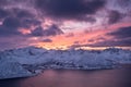 Lofoten islands, Norway. Mountains and clouds during sunset. Evening time. Winter landscape.