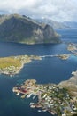 Lofoten Islands, Norway, panorama of the city of Reine from the top of the Reinebringen mountain