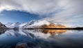 Lofoten islands, Norway. Panoramic landscape. Long exposure photography. Reflection on the water. Winter landscape at the night ti