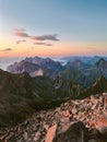 Lofoten islands sunset mountains landscape in Norway aerial view Moskenesoya island