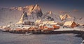 Lofoten islands winter panorama nature landscape, mountains peaks, arctic sea shore, Sakrisoy, Reine, Norway