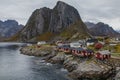 Lofoten village on a coast with a hill in the background, Norway