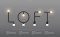 `LOFT` Abstract linear alphabet of light bulb and light switch on gray background.