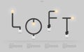 `LOFT` Abstract linear alphabet of light bulb and light switch on gray background.