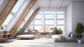 Loft apartment interior design with panoramic window interior. White lounge interior. generative ai Royalty Free Stock Photo