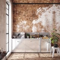 Loft apartment, kitchen interior, industrial style