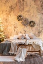 Loft apartments, Christmas tree wreath. Bed in the bedroom, high large Windows