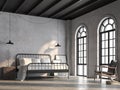 Loft bedroom with white brick wall 3d render Royalty Free Stock Photo