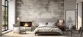 Loft bedroom with fireplace and brick wallCozy bed with pillow and coverlet on light background.