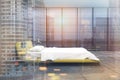 Loft bedroom, shades, yellow bed side double Royalty Free Stock Photo
