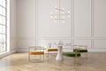 Loft dining room, yellow and green chairs, table