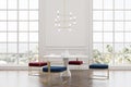 Loft dining room, blue and red chairs