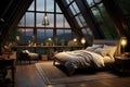 Loft elegance Master bedroom in dark attic with luxurious studio