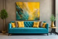 Loft home interior design of modern living room. Dark turquoise tufted sofa with virant yellow pillows, AI generate Royalty Free Stock Photo