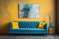 Loft home interior design of modern living room. Dark turquoise tufted sofa with virant yellow pillows, AI generate Royalty Free Stock Photo