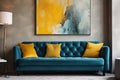 Loft home interior design of modern living room. Dark turquoise tufted sofa with virant yellow pillows, AI generate Royalty Free Stock Photo