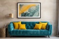 Loft home interior design of modern living room. Dark turquoise tufted sofa with virant yellow pillows, AI generate Royalty Free Stock Photo