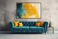 Loft home interior design of modern living room. Dark turquoise tufted sofa with virant yellow pillows, AI generate Royalty Free Stock Photo