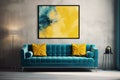 Loft home interior design of modern living room. Dark turquoise tufted sofa with virant yellow pillows, AI generate Royalty Free Stock Photo