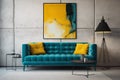 Loft home interior design of modern living room. Dark turquoise tufted sofa with virant yellow pillows, AI generate Royalty Free Stock Photo