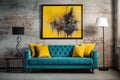 Loft home interior design of modern living room. Dark turquoise tufted sofa with virant yellow pillows, AI generate Royalty Free Stock Photo