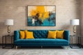 Loft home interior design of modern living room. Dark turquoise tufted sofa with virant yellow pillows, AI generate Royalty Free Stock Photo