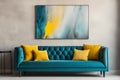 Loft home interior design of modern living room. Dark turquoise tufted sofa with virant yellow pillows, AI generate Royalty Free Stock Photo