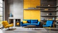 Loft home interior design of modern living room. Vibrant yellow sofa and blue lounge chair by fireplace in concrete tile wall with